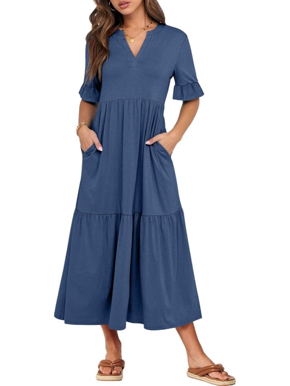 Women's Blue Short Sleeve Maxi Dress V-Neck Tiered with Pockets Dresses